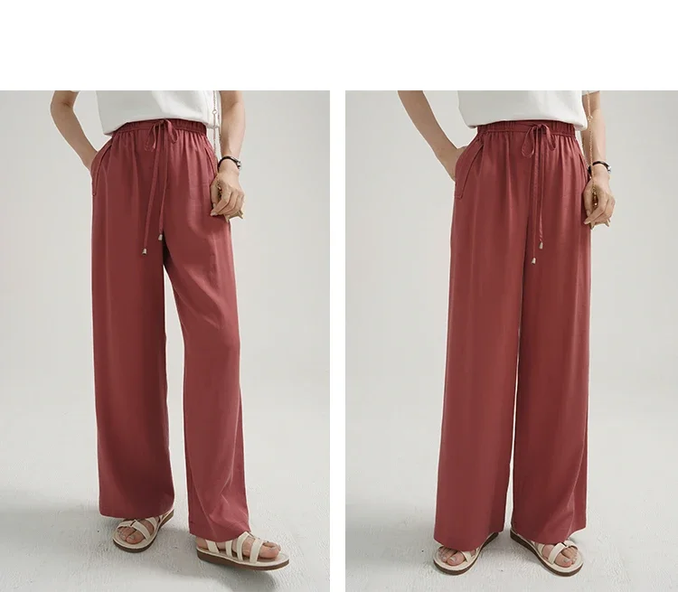 Summer Wide Leg Pants Women High Waist Drawstring Loose Fit Long Trousers Lightweight Breathable Soft Cooling Casual Wear Outfit