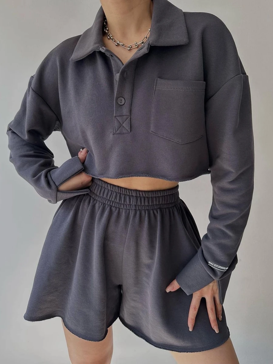 Women s 2 Piece Outfits Long Sleeve Turn-down Collar Button Down Crop Top Elastic Waist Shorts Set Casual Sweatsuit Sets