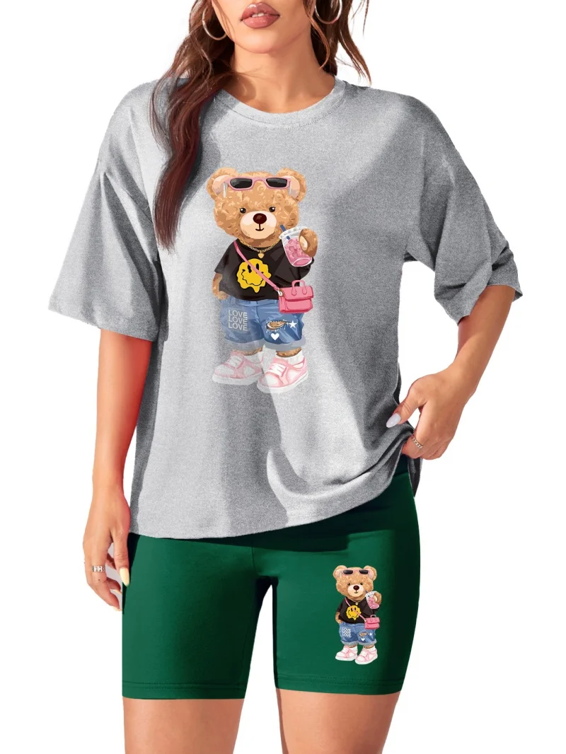 

Fashion love Bear print pattern 2 sets, 2 colors with short-sleeved T-shirt shorts set women's athleisure set Women's clothes