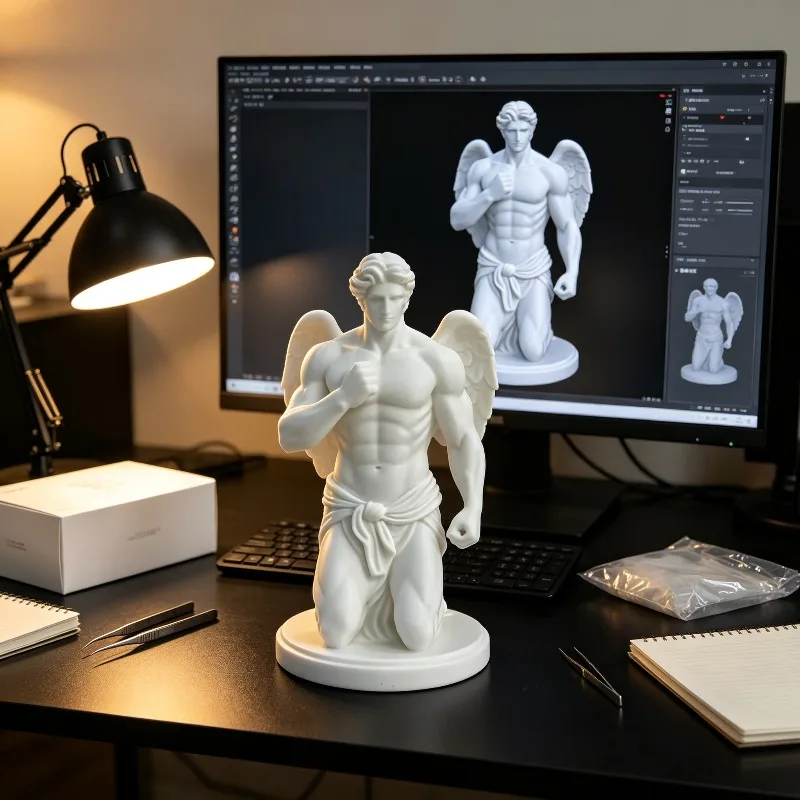 New 3D printed kneeling posture muscular winged angel statue Greek mythology plastic sculpture can be
