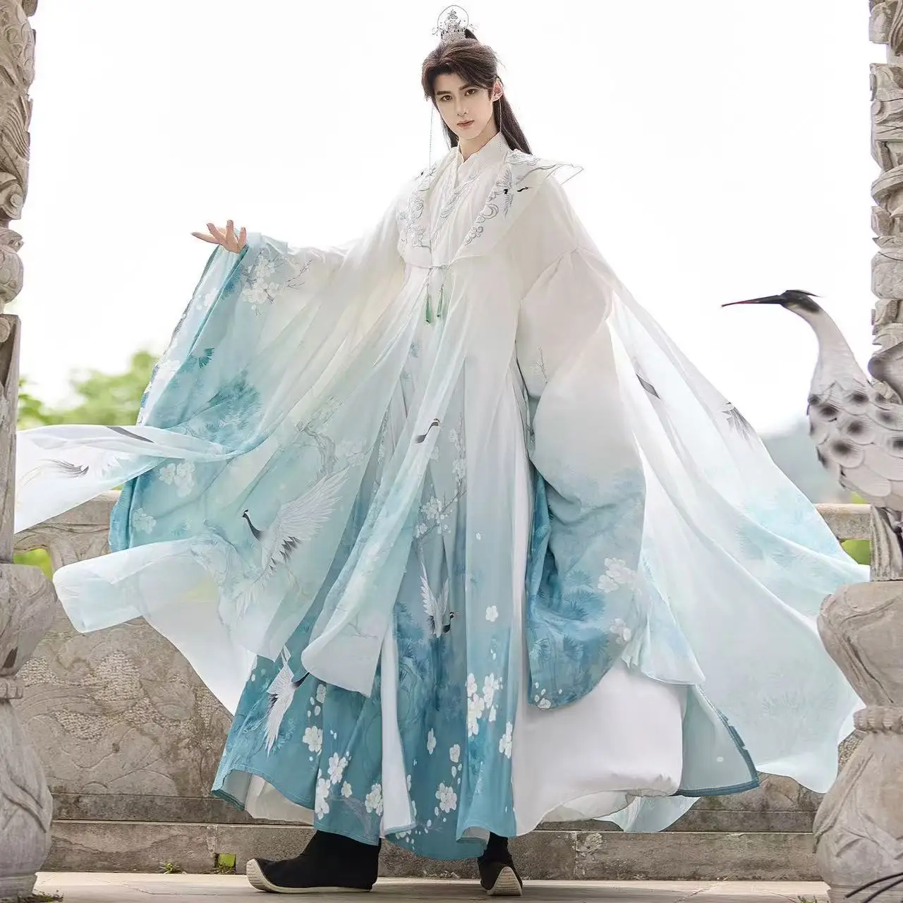 

Traditional Ming Dynasty Long Robe Halloween Event Fairy Cosplay Clothing Large Sleeve Original Crane Printing Hanfu Men Women