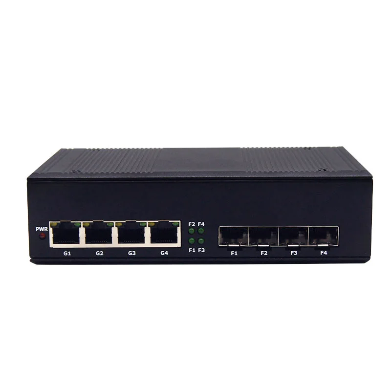 Industrial DIN Rail Full Gigabit Fiber Ethernet Switch 4 SFP Fiber Slots 4 RJ45 Ports Ring Self-Healing Media Converter