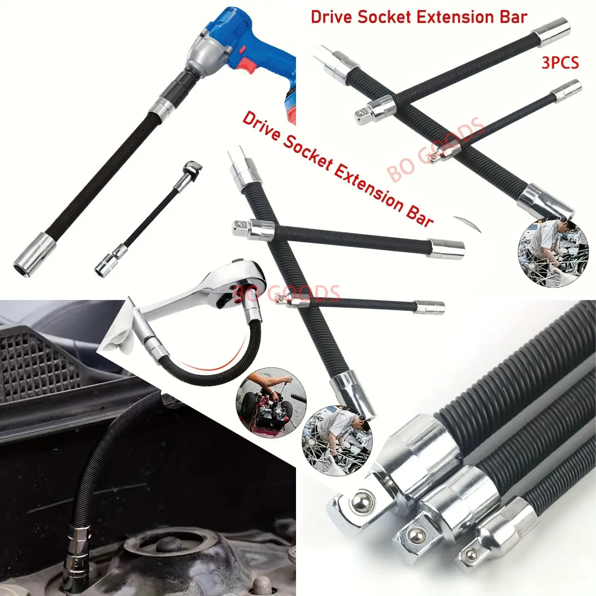 Lot de 3 douilles à chocs et adaptateurs d'extension flexibles – Emmanchement 1/4', 3/8', 1/2' – Idéal pour la réparation automobile, outil d'atelier