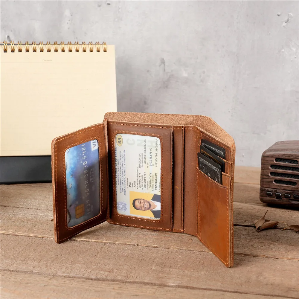 Men's Business Vertical Crazy Horse Leather Wallet, Genuine Leather Bifold Wallet with Multi-Card Slots & ID Window 100% Leather