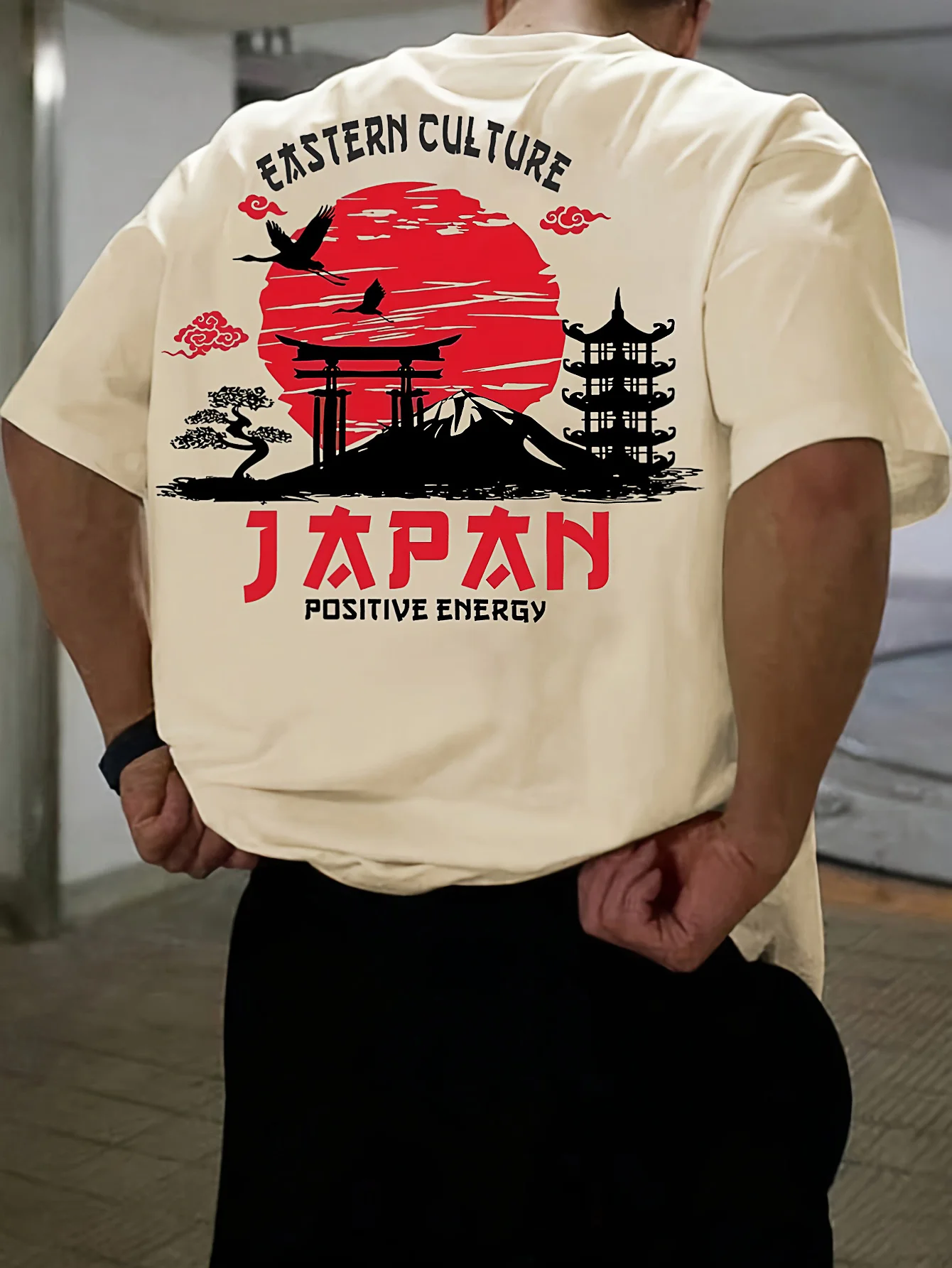 Japanese Style Red Sun Pagoda Print Cotton Men's and Women's T-shirt Summer Autumn Daily Sports Casual Street Short-sleeve