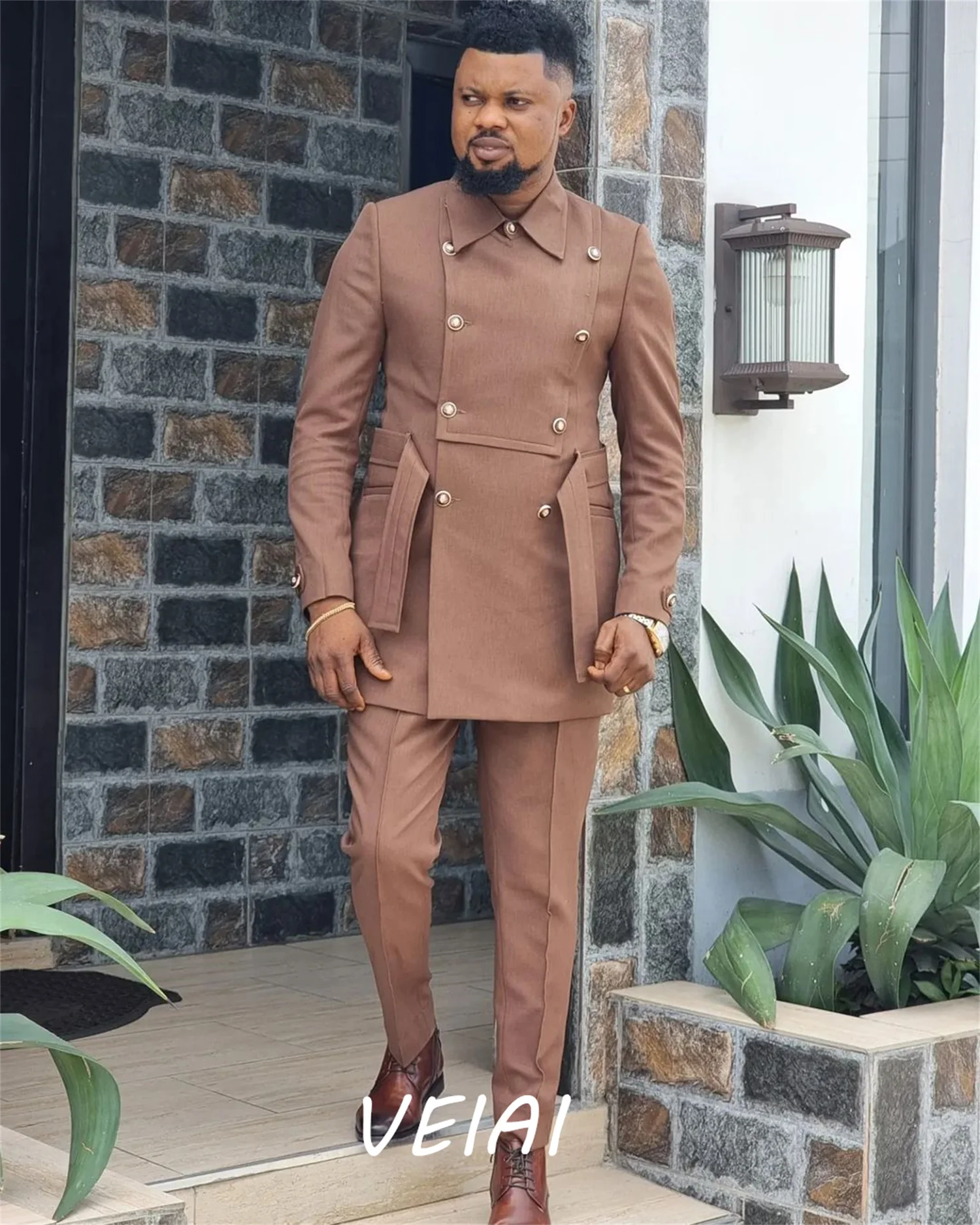 

CustomizedBrown High Neck Men Suits 2 Pieces Palace Handsome Wedding Suits Fit Slim Formal Casual Prom Double Breasted Coat+Pant