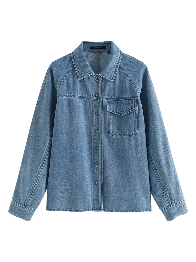 ZIQIAO All-match Retro Long-sleeved Denim Shirt Jacket for Women 2023 Autumn Newly Loose Raglan Sleeve Top Shirts Female