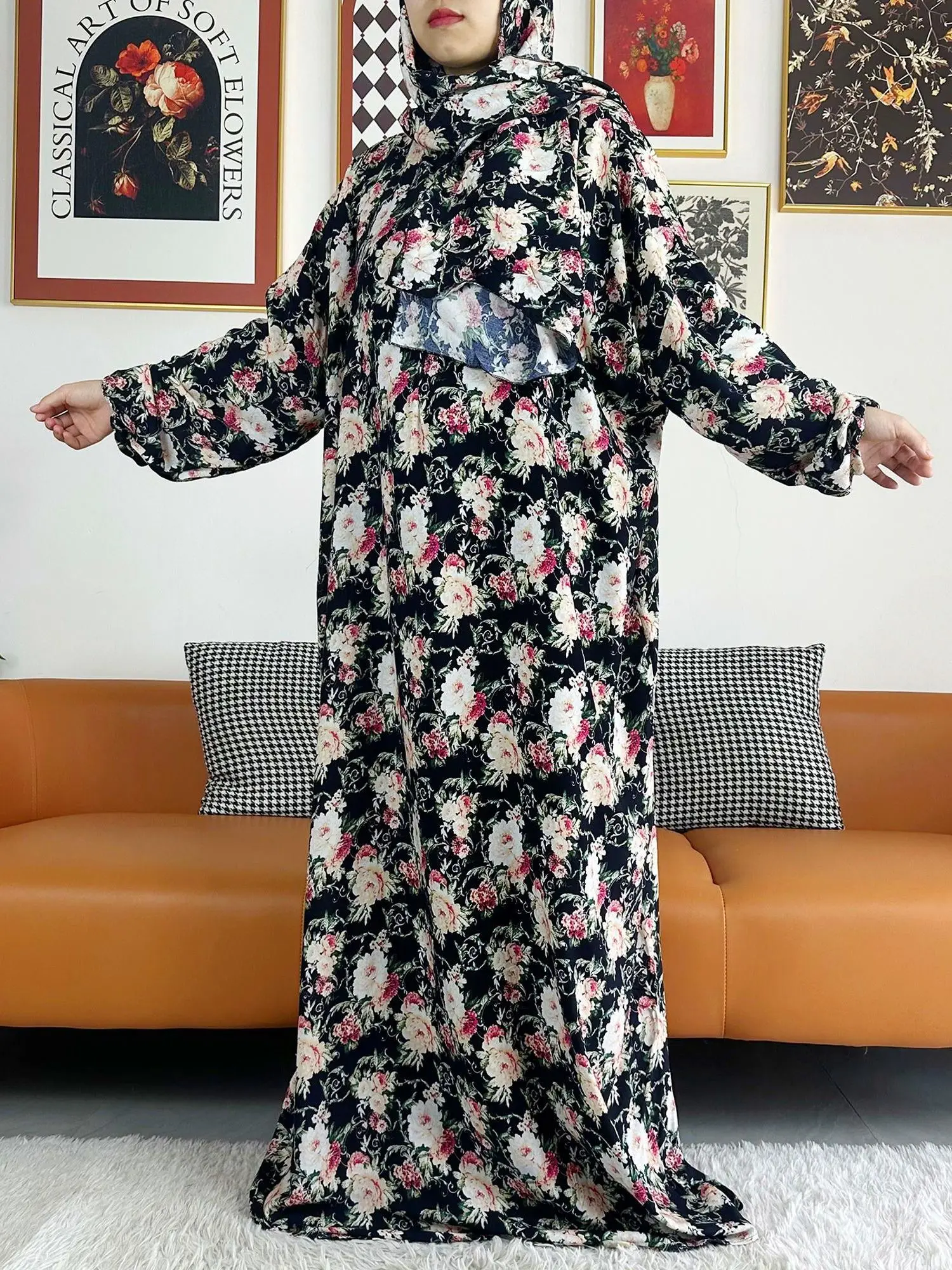 New Muslim Cotton Abaya For Women Ramadan Prayer Dubai Turkey Middle East Femme Robe Floral Loose African Dress Scarfs Joint