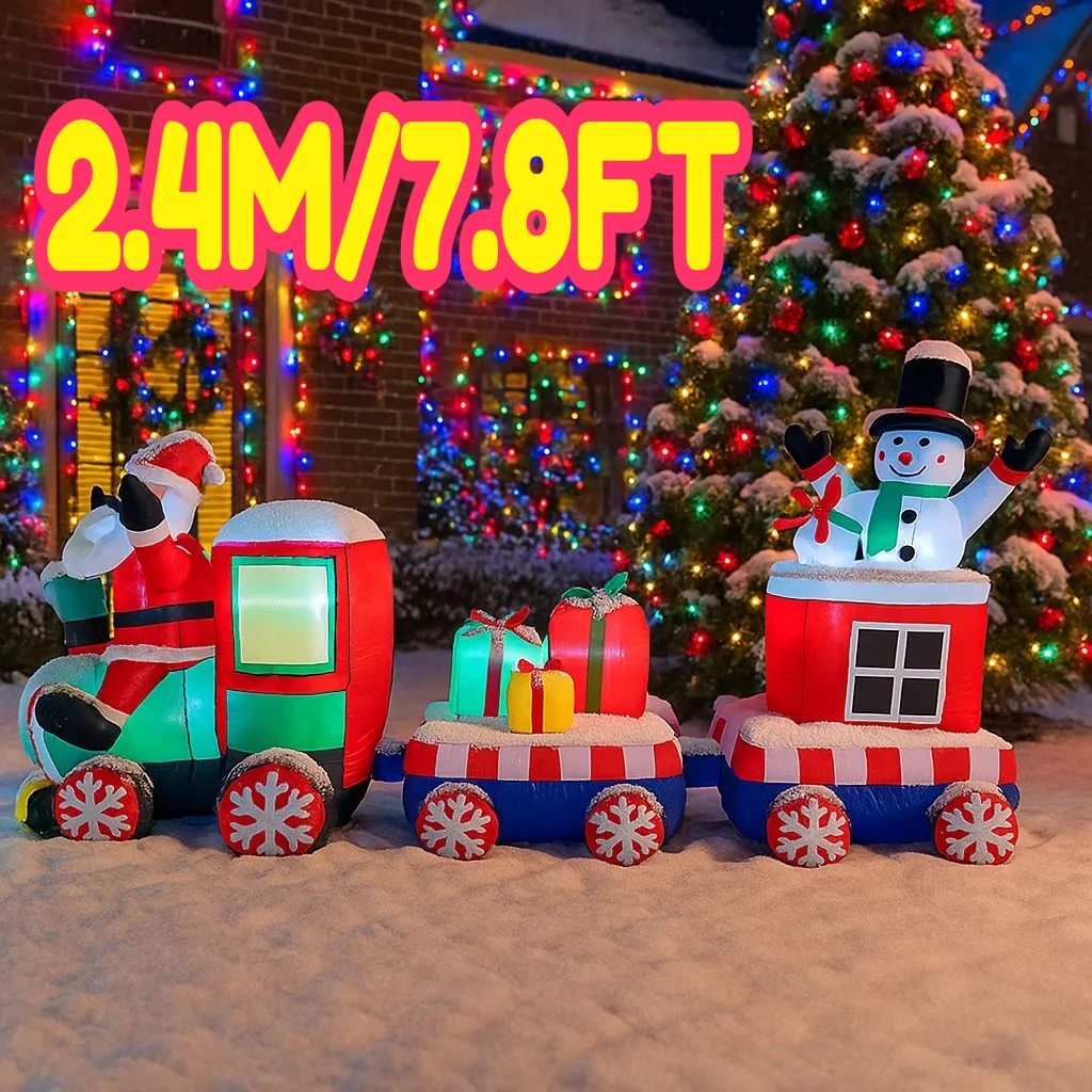ของตกแต่งคริสต์มาสเป่าลมรูปรถไฟซานตาคลอส ขนาด 2.4 เมตร/7.8 ฟุต พร้อมไฟ LED สำหรับตกแต่งบ้านและสวน เหมาะสำหรับงานปาร์ตี้คริสต์มาสกลางแจ้ง