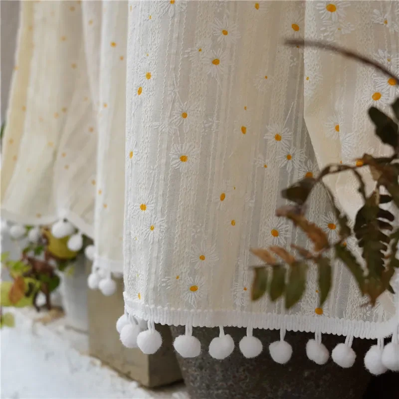 Hairball Tassels Short Curtains Small Fresh Daisy Floral Embroidery Curtian for Kitchen Window Dining Door Partition Decoration