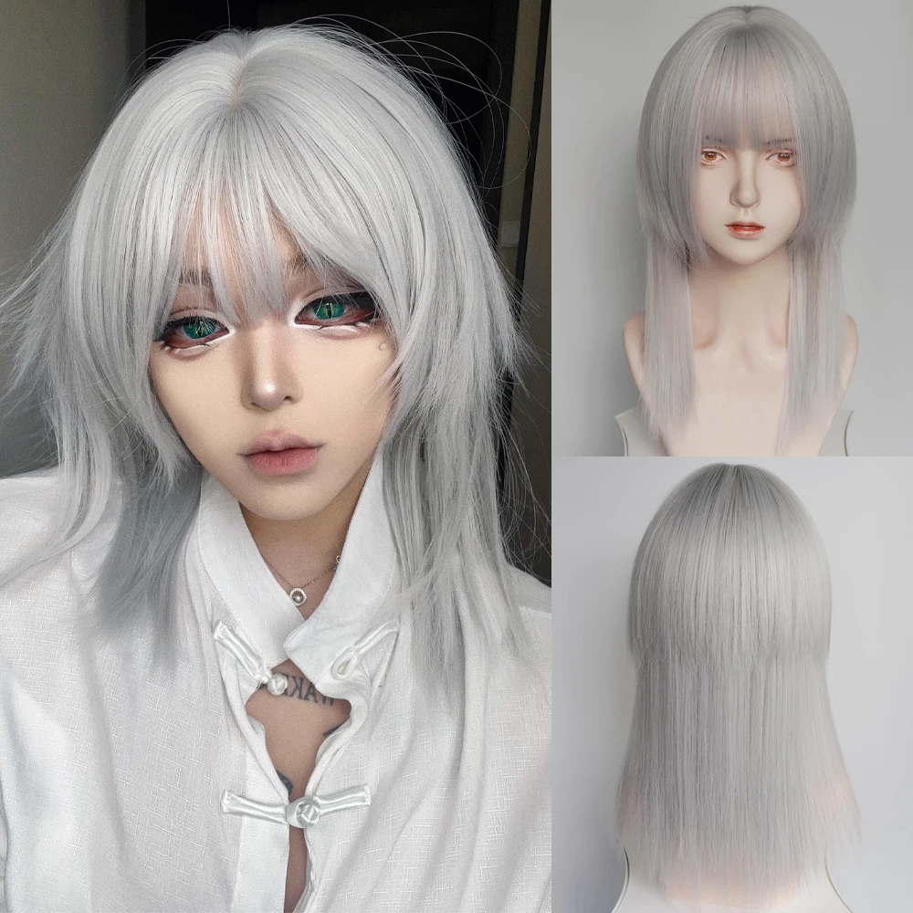 Peluca de cabeza de Mullet blanca plateada larga y recta sintética con flequillo, cabeza de Medusa esponjosa, peluca de pelo de Cosplay Lolita para