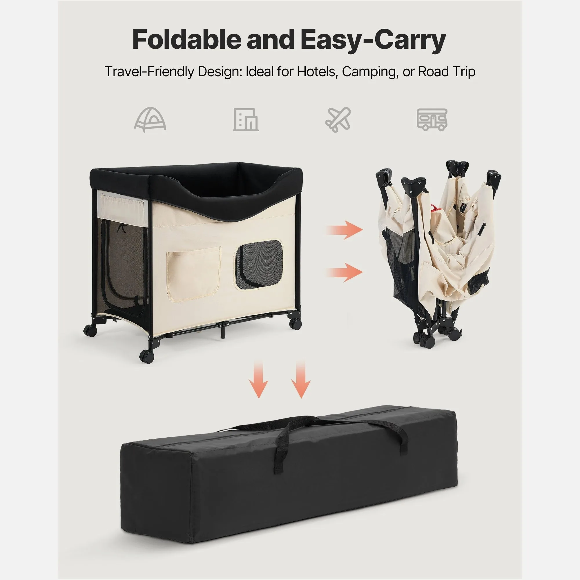 Foldable Elevated Lounge Pet Bed for Dogs – Adjustable Height, Smooth-Rolling Wheels, Built-in Side Storage Bags, Breathable Mes