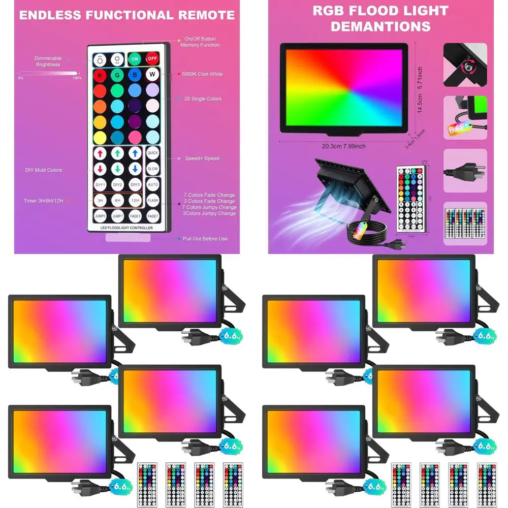 

Набор из 4 светодиодных RGB-прожекторов мощностью 50 Вт с пультом ДУ, кабелем 2 метра, водонепроницаемые, для Хэллоуина, Рождества, наружного освещения и мероприятий