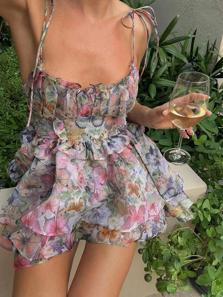 Em camadas babados impresso rendas até mini vestido feminino chique sem mangas cintura alta a linha férias robe 2025 verão festa vestido