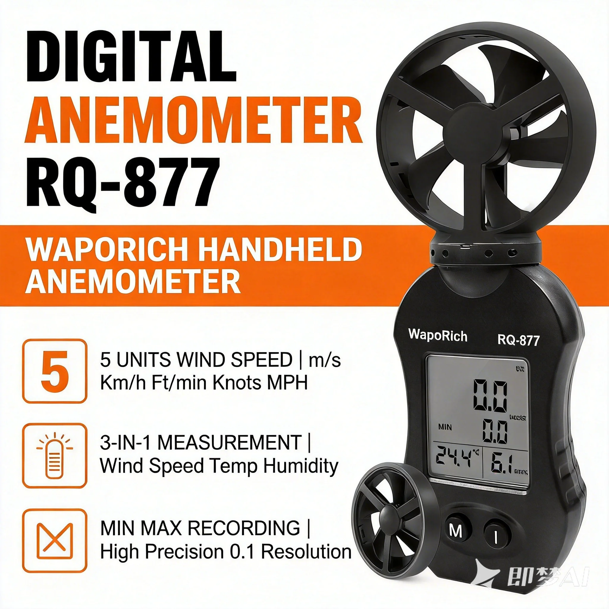 Holdpeak 877 Mini Anemometer Wind Speed Meter 0.3-30m/s Temp Humidity MAX/MIN Tripod Mount Pocket-Sized