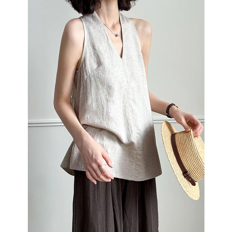 

Tencel linen summer women's vest, high-end minimalist V-neck hanging neck shirt, high-end slimming women's top Korean style