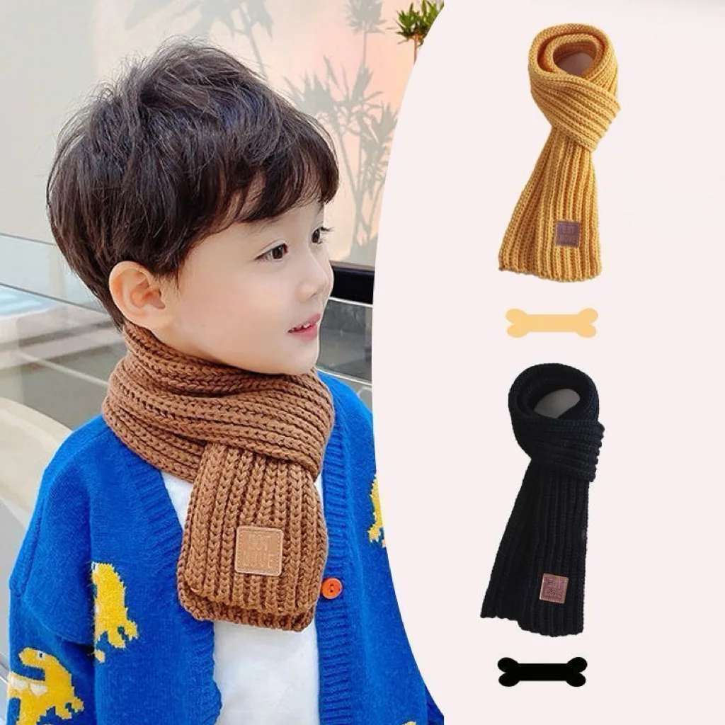 Winter Warm Thick Knitted Scarf for Boys Girls, Children's Neck Protection Windproof Solid Color Leather Label Men Women Scarf