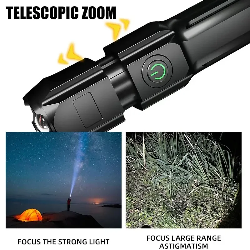 High Strong Power Led Flashlights USB Rechargeable Tactical Zoom Torch With Built-in Battery Camping Emergency Spotlights Lamp