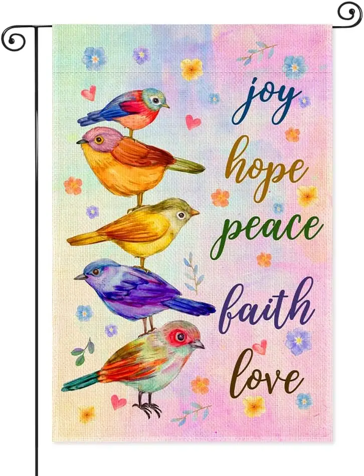 Joy Hope Peace Faith Love Garden Flags for Outside, Funny Birds Spring Yard Sign, Christian Catholic Outdoor Lawn Porch Bann zzo