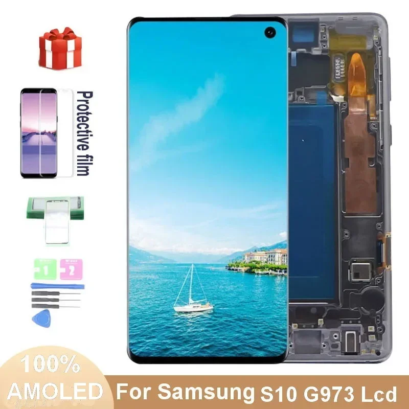 For Samsung Galaxy S10 AMOLED LCD Display SM-G9730 SM-G973F SM-G973F/DS Display Touch Glass Screen Digitizer Assembly With Frame