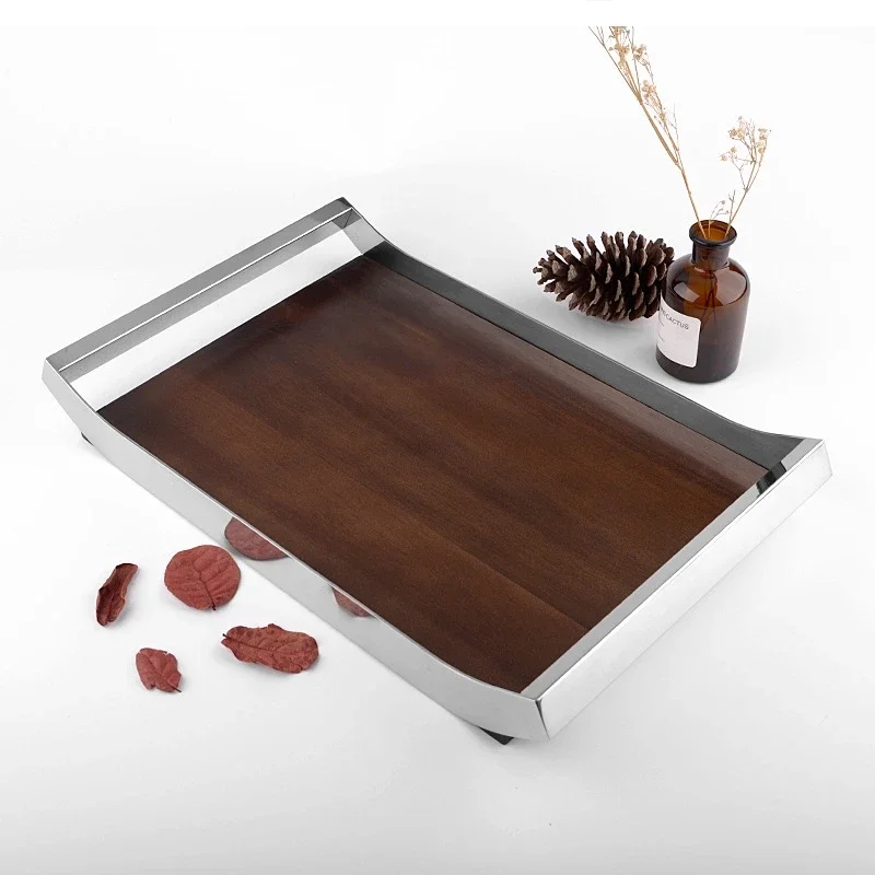304 stainless steel walnut wood rectangular storage sundries tea decorative trays