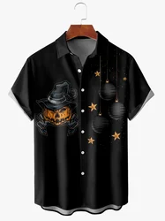 New Men Casual Halloween Pumpkin Print Black Shirt Horror Style Hawaiian Streetwear Summer Shirts Short Sleeve Button Up