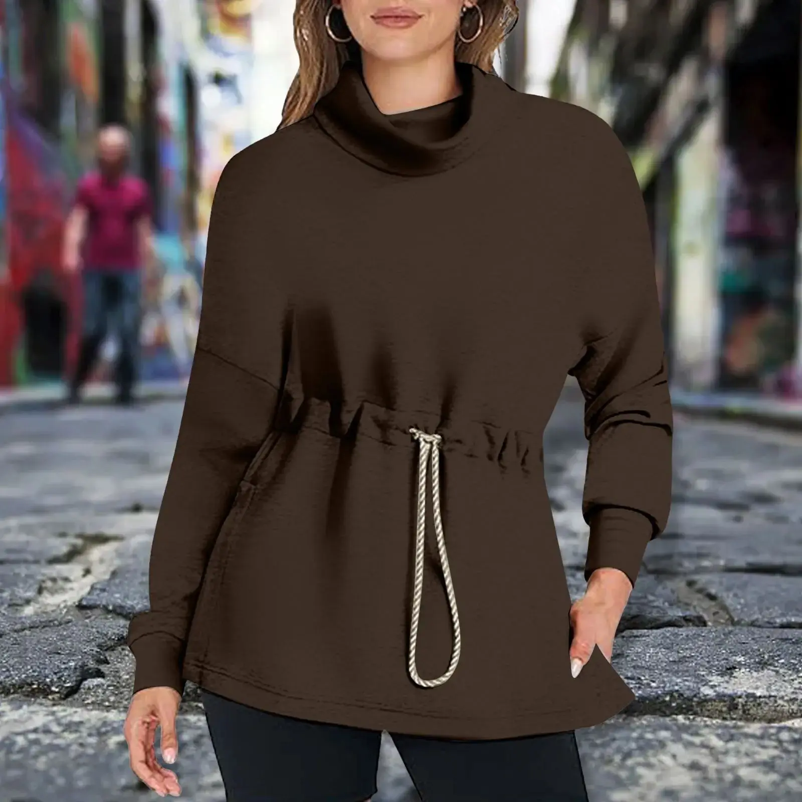 Damen-Sweatshirt mit Dstring-Taille, Herbst und Winter, hoch, modisch, bequem, lässig, für Damen