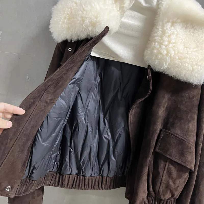 Short down jacket Suede leather women coat winter thick warm big real sheep wool collar clothes high quality