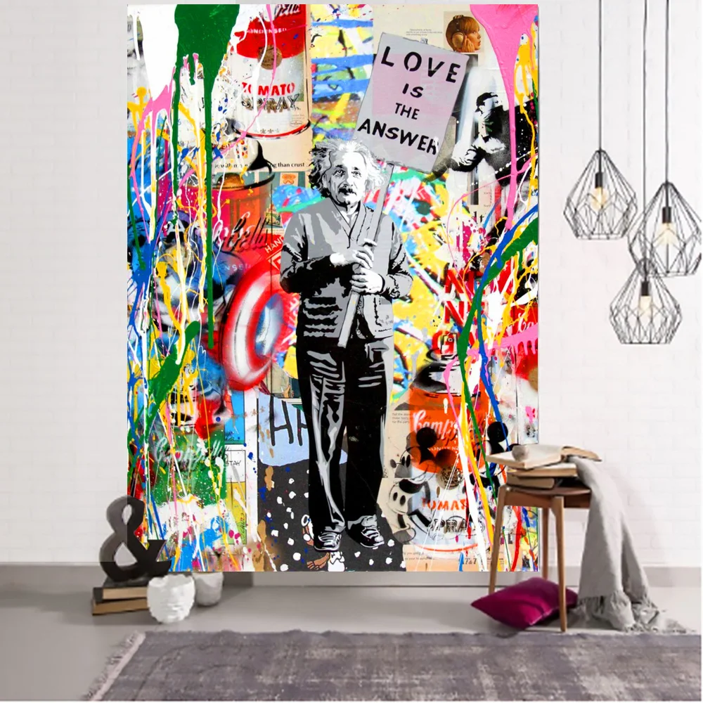 

Banksy Einstein Painting Love Is Answer Tapestrty Wall Abstract Art Graffiti Room Home Bar Bedroom Decor Fabric Mural Large Size