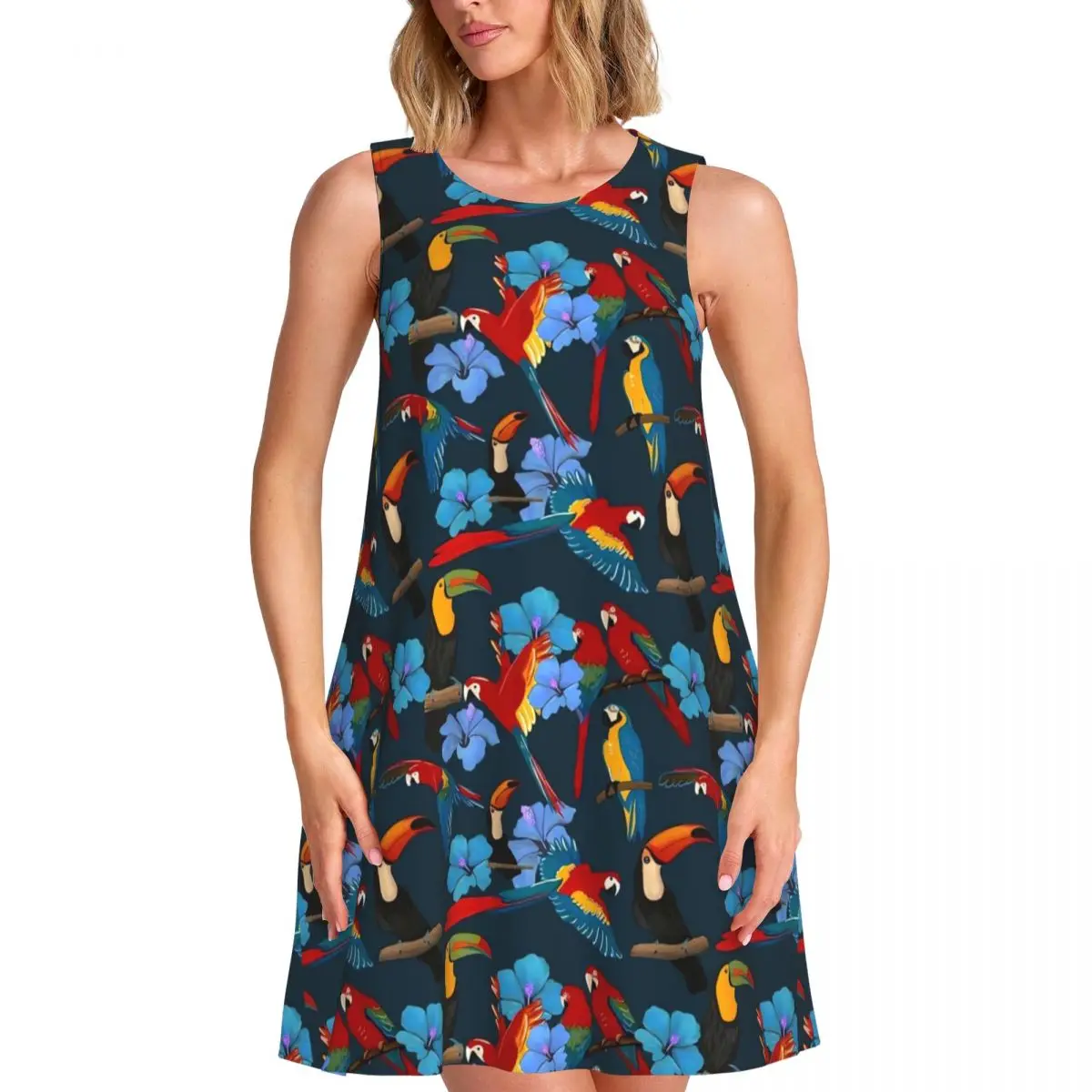 Birds Flower Tank Dress Tropical Toucans And Parrots Sleeveless Elegant Dresses O Neck Street Style Dress Day Pattern Clothes