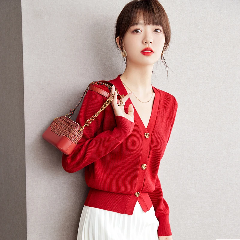 Red Knitted Cardigan V-neck Single Breasted Sweater Coat Autumn Winter Women Elegant Chic Slim Casual Short Wool Jacket C2663