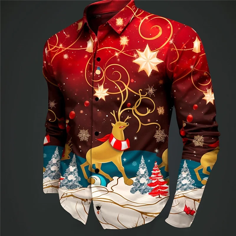 Men Turn‑Down Collar Long Sleeve Button‑Up Shirt Retro Santa Gift Bauble Tree Print Xmas Party Casual Top