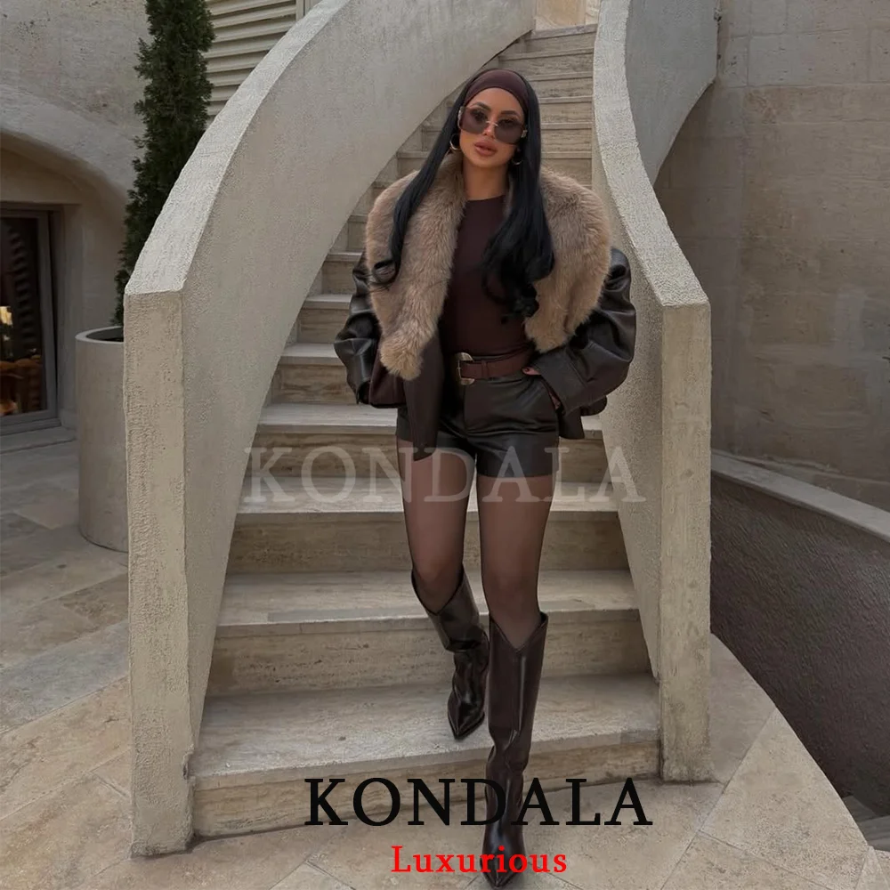 KONDALA Streetwear Fur Collar Leather Jackets Women Long Sleeve Pockets Oversized Coats Fashion 2026 Autumn Winter Outwears