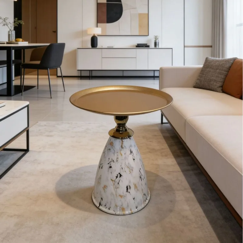For light luxury platinum ink pattern tapered base edge table gold metal tray column coffee table