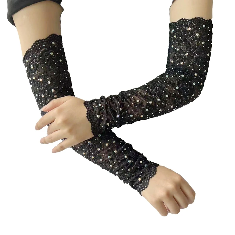 Guanti lunghi senza dita in pizzo con strass scintillanti, neri elasticizzati, estivi, per la guida e la protezione solare, maniche per braccia