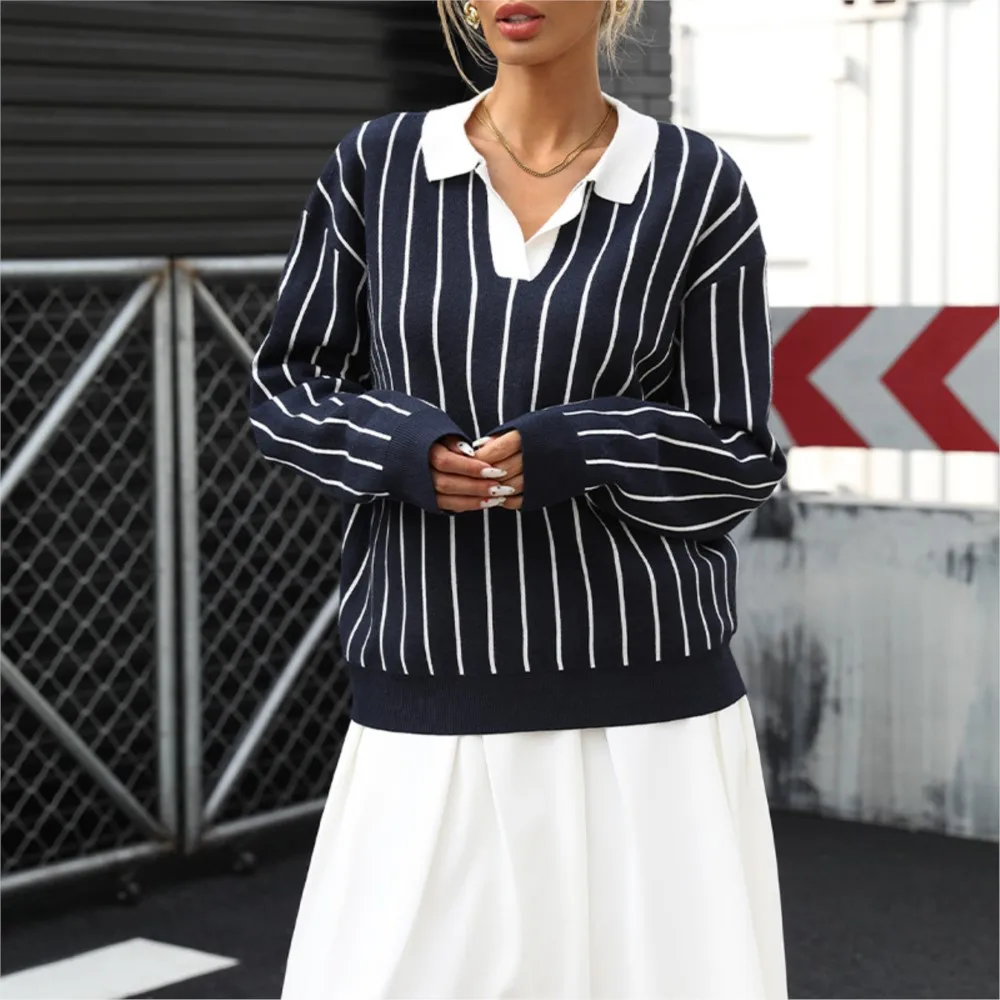 

2025 New Autumn Women's Clothing Academy Casual Street Trendy Style Splicing Collar Striped Long Sleeve Women's Sweater Top