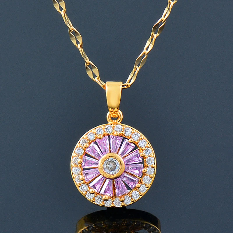 KIOOZOL stainless steel spinner flower pendant necklaces with pink purple cubic zircon stones chain on fashion jewelry 318 KO1