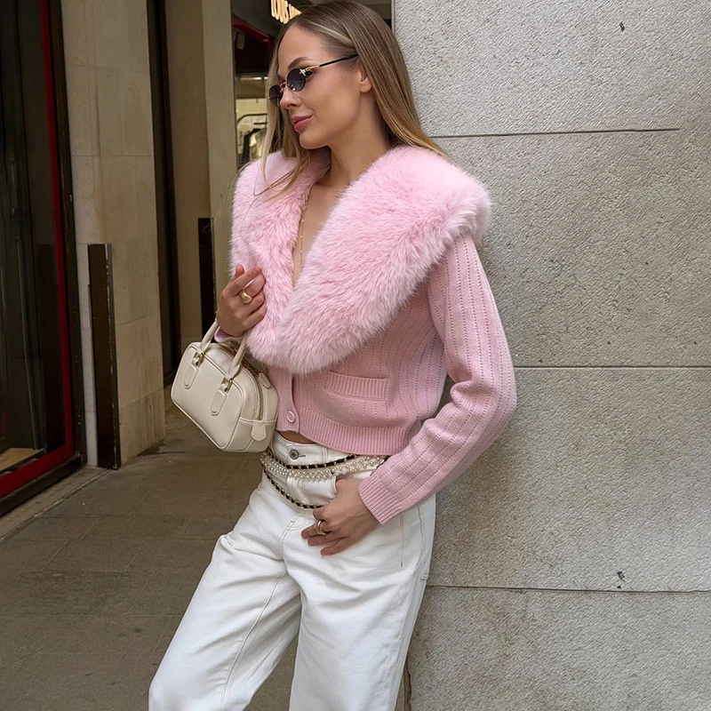 Tornova Fur Collar Knitted Cardigan Women's Buttons Long Sleeve Solid Slim Sweater Coat Female Autumn Winter Commuting Cardigan image 2