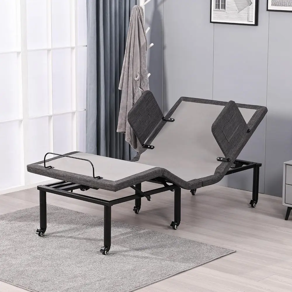 ESHINE Adjustable Bed e with Bed Rail, Nursing Bed Base, No Mattr| WirelRemote, Adjustable Leg with Wheel, and oot Incline, Nurs