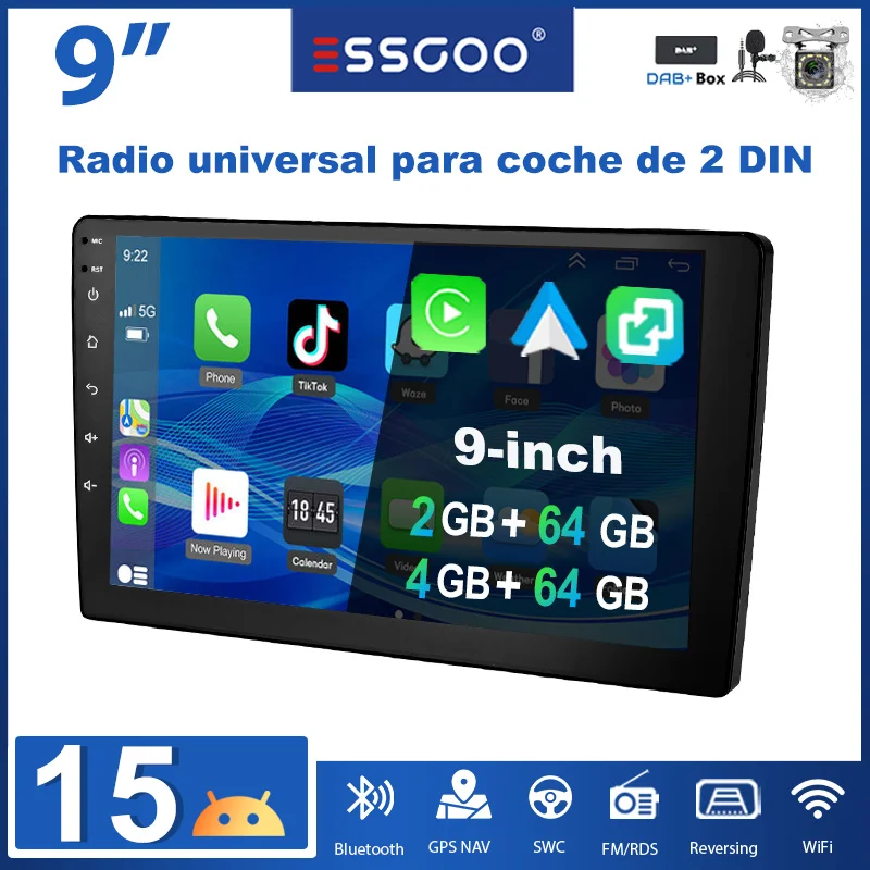 ESSGOO 9" Android15 2 DIN Universal 2+64G 4+64G radio de coche con CarPlay Android Auto inalámbrico navegación GPS RDS FM WiFi Bluetooth Mirror Link control del volante pantalla táctil USB ASP