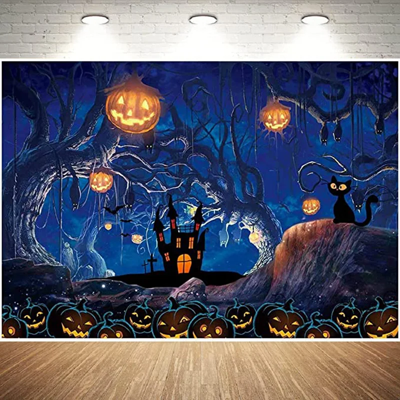 Halloween Themed Photography Backdrop Moon Night Spooky Forest Pumpkins Background Trees Haunted House Party Banner ecorations