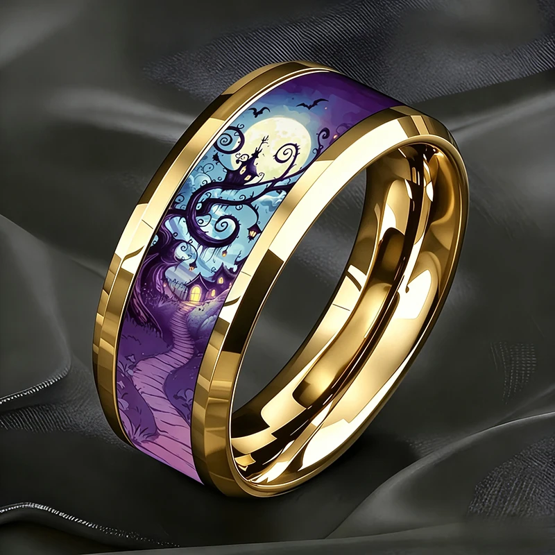 Huitan Purple Moon Night Castle Bat Pattern Print Halloween Ring for Women Men 304 Stainless Steel Holiday Party Jewelry Gift