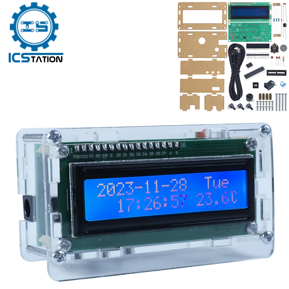 DIY Electronic Kit Alarm Clock Sound Light Control Brightness Date Time Temperature LCD1602 Display Clock Soldering Practice