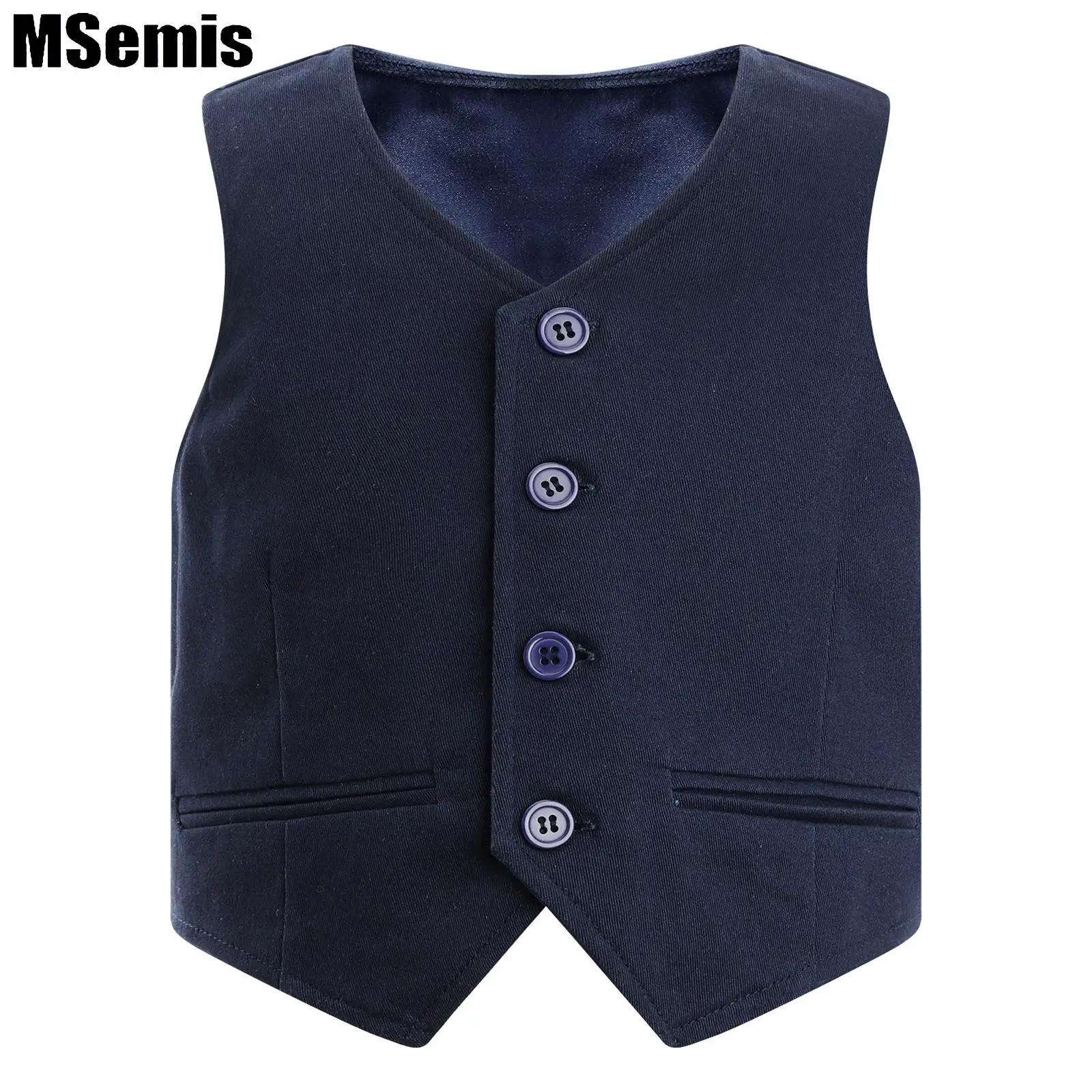 

Kids Boys Formal Vest Tops Gentlemen Party Wear Classics Solid Color V-neck Back Strap Pointed Waistcoat Stage Performance