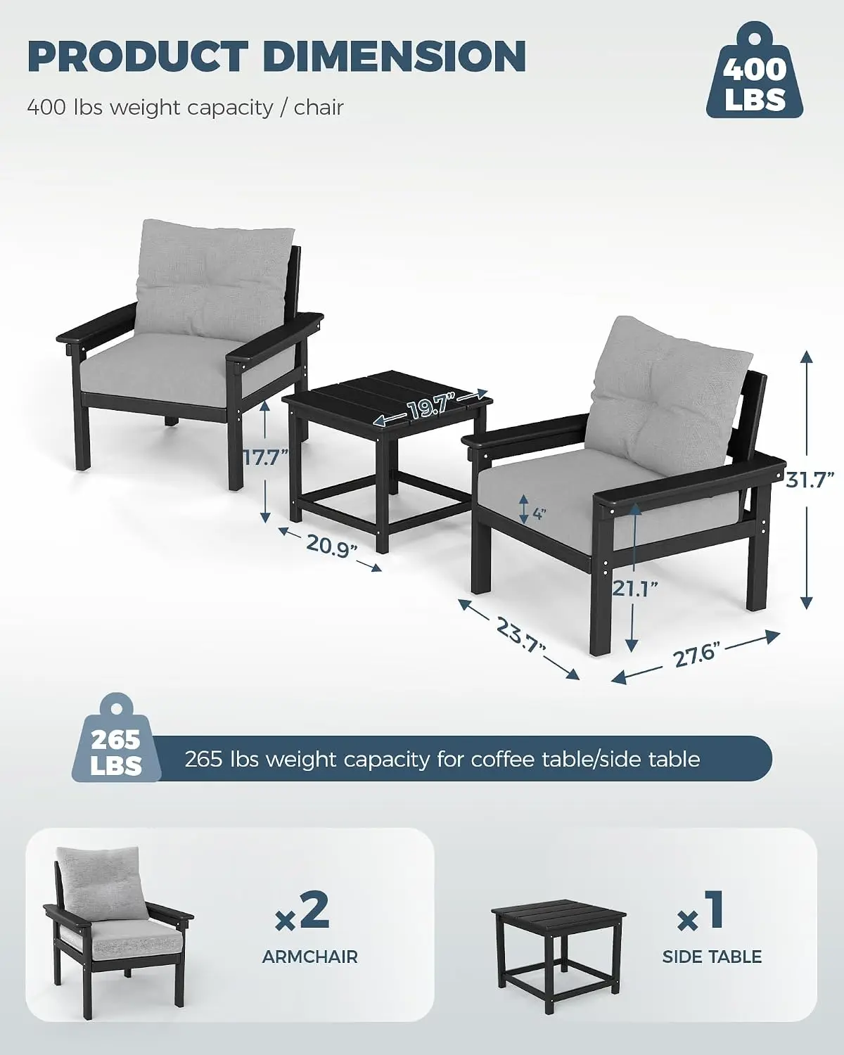 Outdoor Furniture Set with Side Table, Black Frame & Grey Cushions, Customized