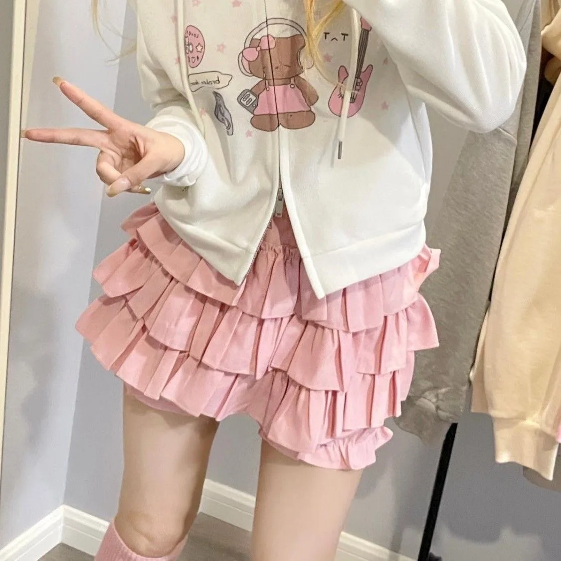 Bloomers Women Elastic Waist Mini Skirts Tiered Ruffle Puffy Shorts Soft Girl Cute Kawaii Harajuku Y2K Coquette Clothes