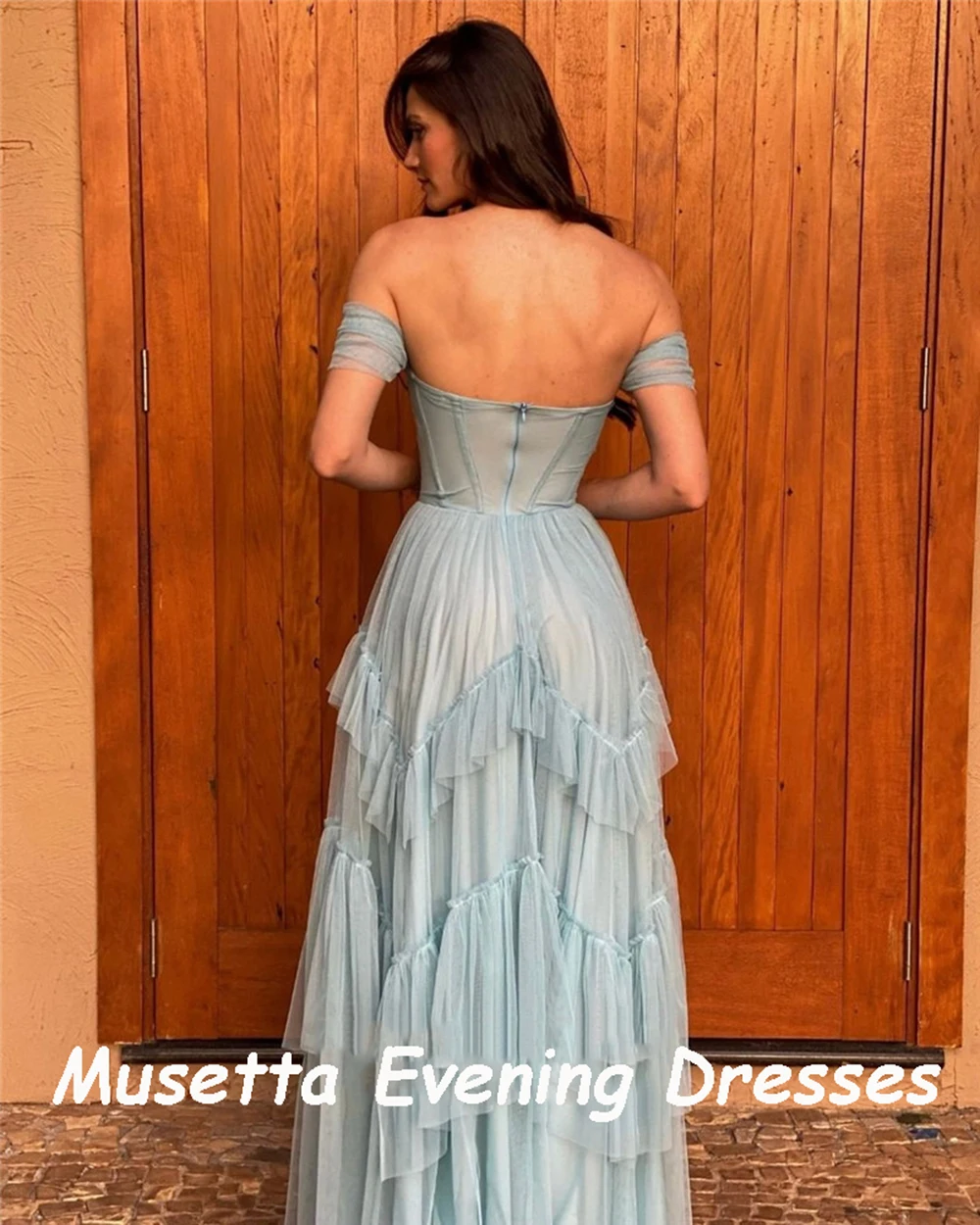 Musetta Sexy Off the Shoulder Tulle Long Prom Dresses Ruffles Tiered Women Formal Party Evening Gowns Robe De Soiree Customized