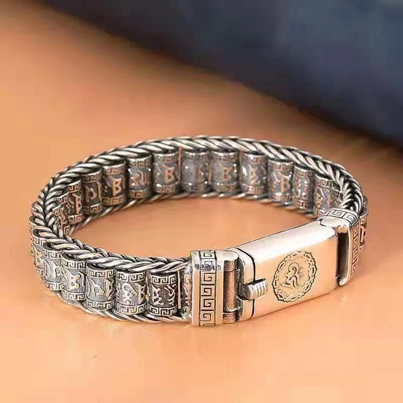 High-level Classic Thai Silver bangles Retro Rotating Beads Six Word True Words  bracelet for Men Jewelry Gifts to Boyfriend
