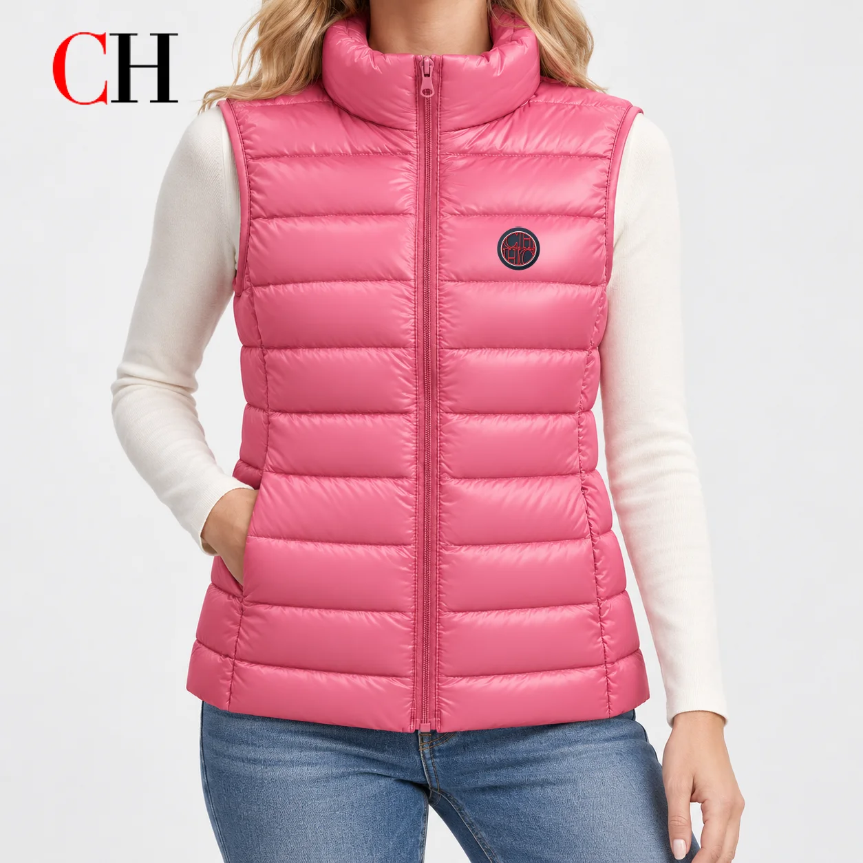 CH Women Quilted Puffer Vest Stand Collar Sleeveless Zip Up Warm Gilet Badge Decor Lightweight Winter Layering Outerwear