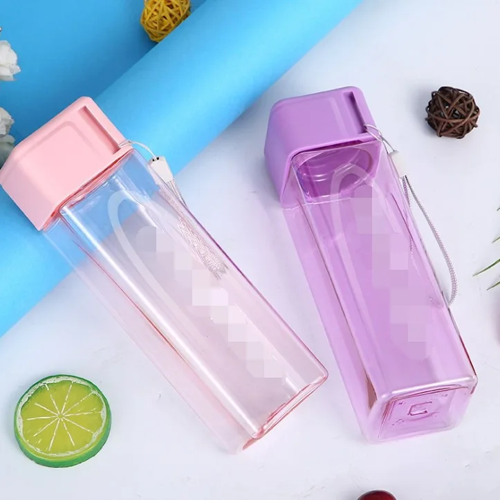 F9 500ml Transparent Square Plastic Water Cup Outdoor Cold Juice Water Sports Cup with Portable Milk Rope Water Cup Xmas Gifts